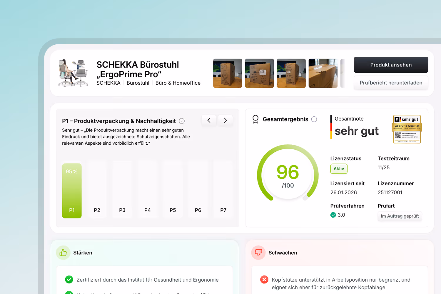 Testergebnis-Dashboard als Fundstelle zum Testsiegel mit Gesamtnote, Prüfsiegel, Lizenznummer, Prüfbericht und transparenten Prüfkriterien