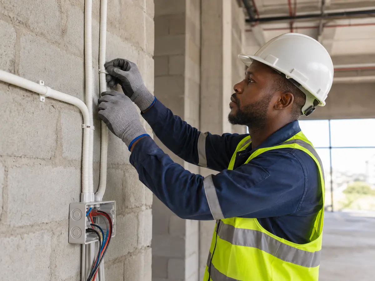 Electrician installing white flexible electrical conduit in a commercial building