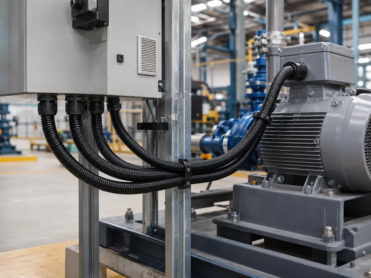 Black flexible electrical conduit protecting cables between industrial equipment