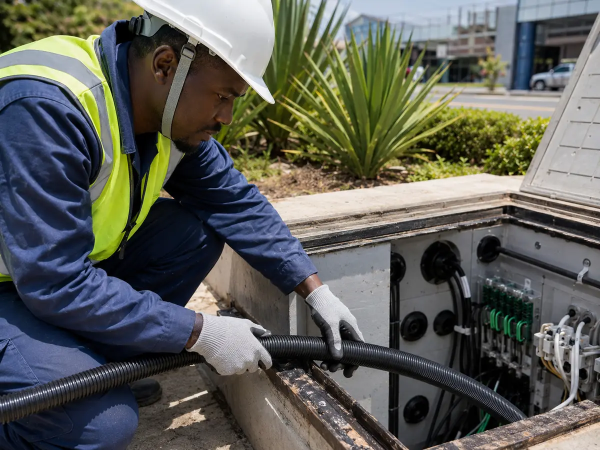 Telecommunications technician routing black flexible conduit into an outdoor enclosure