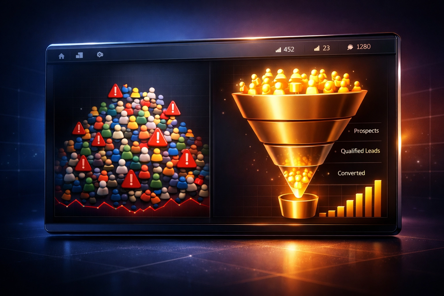 Dashboard comparison showing junk leads versus high-quality Meta ad leads with conversion funnel