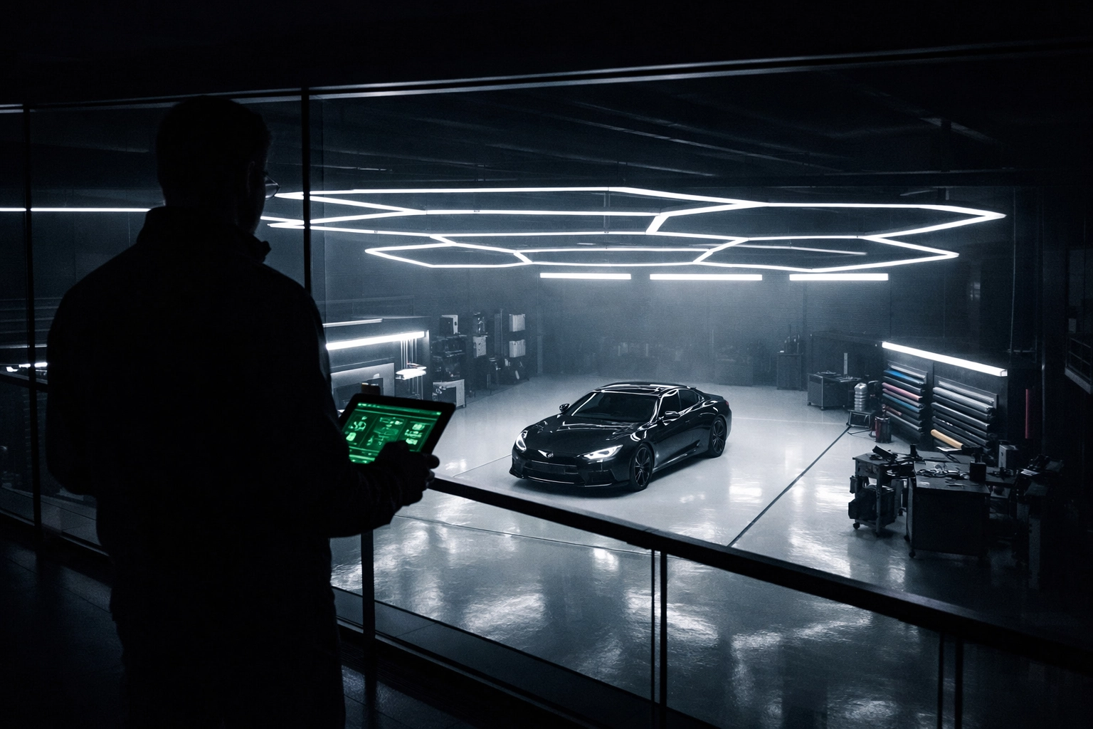 A business operator overseeing a professional car wrap bay from a modern management office.