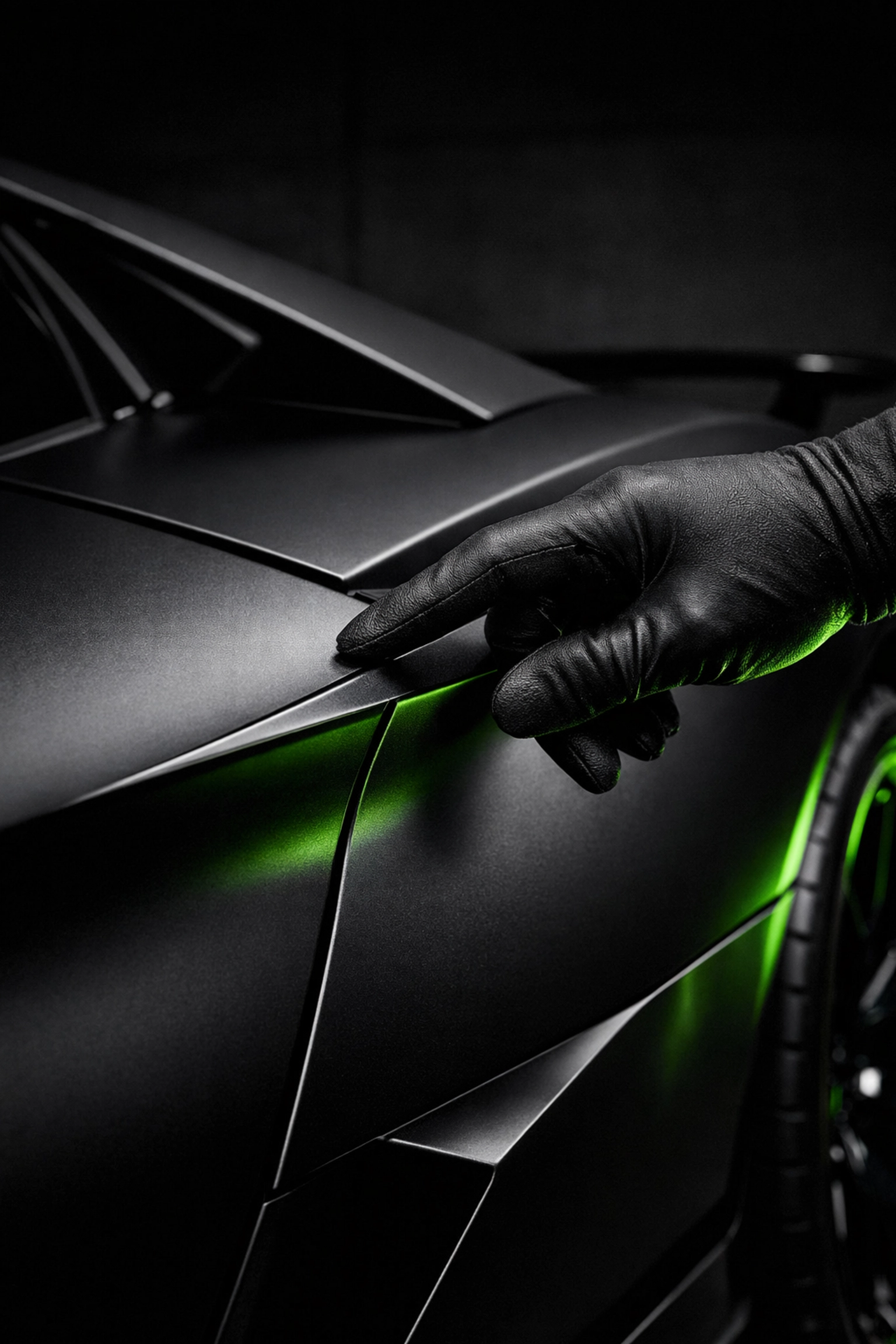 Close-up of a premium matte black vinyl wrap installation on a high-end luxury vehicle.