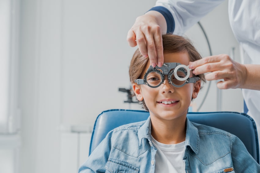 A child having an eye test for epilepsy glasses