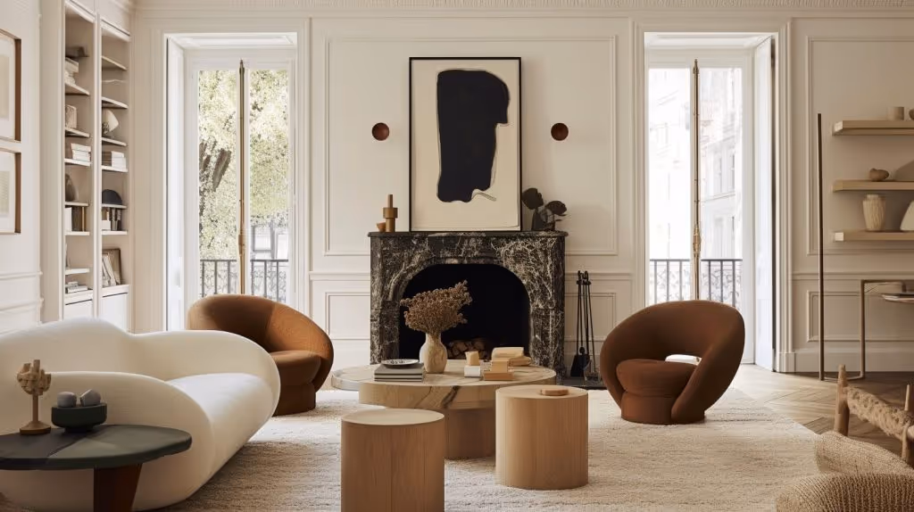 Interior design trend for 2024-25 featuring a minimalist living room with neutral tones and natural materials.