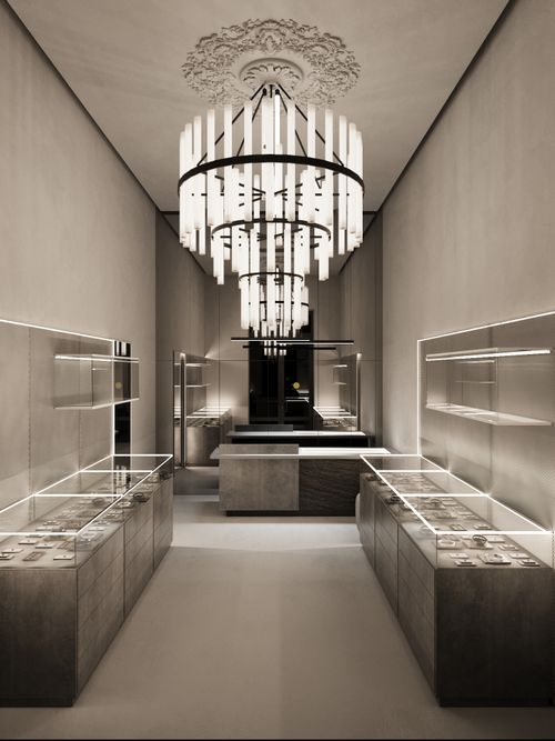 "Sophisticated jewelry store concept featuring a minimalist design, subtle metallic accents, and a focus on high-end pieces."