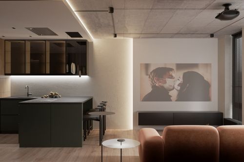 3d visualization of residential interior design project in Ukraine , Cozy TV room with a large sectional sofa, a flat-screen TV, and open sightlines to the kitchen.