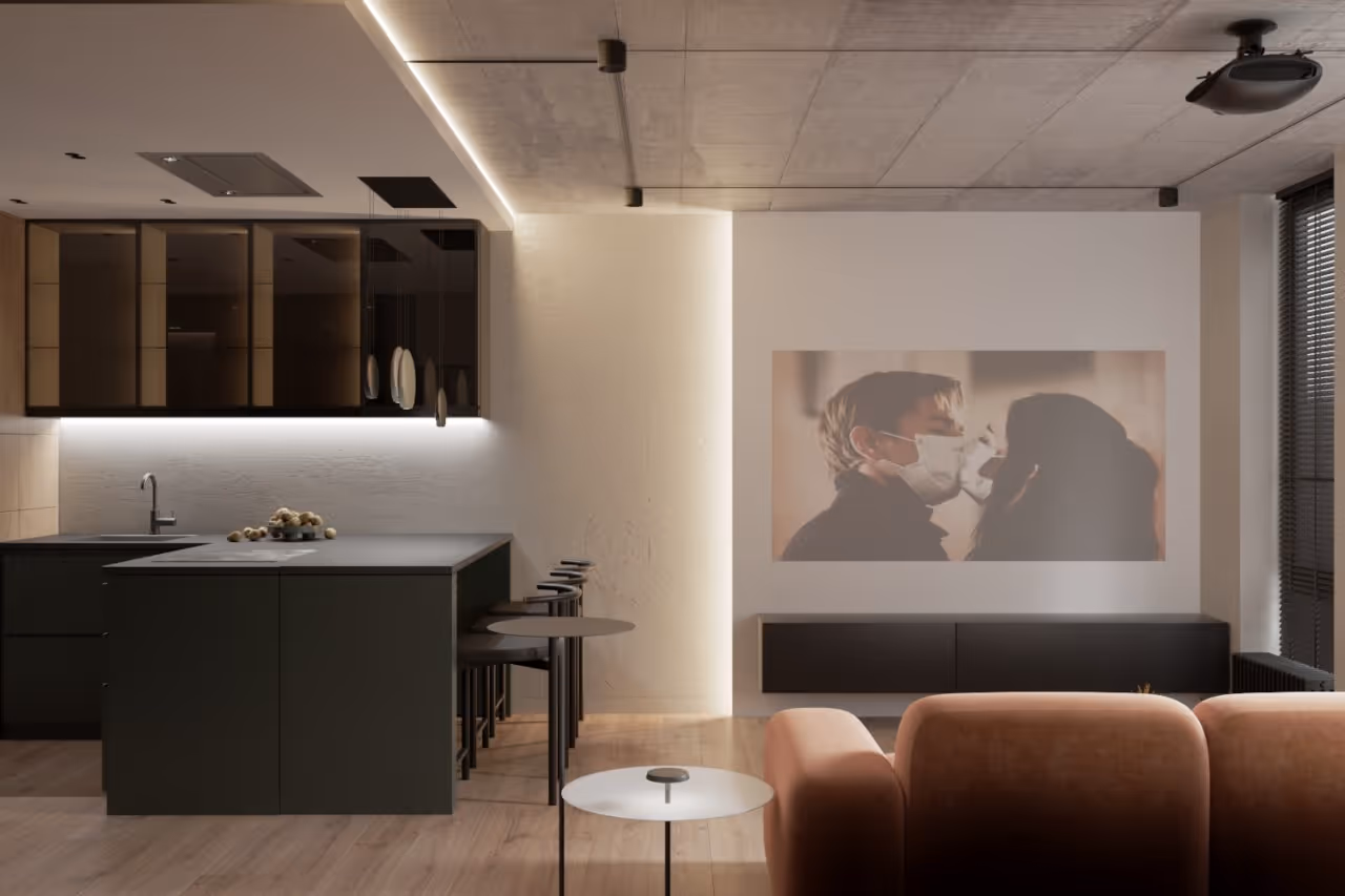 3d visualization of residential interior design project in Ukraine , Cozy TV room with a large sectional sofa, a flat-screen TV, and open sightlines to the kitchen.