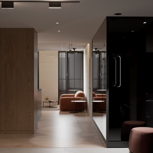 Stylish corridor featuring dark wood paneling, contemporary lighting, and framed artwork.