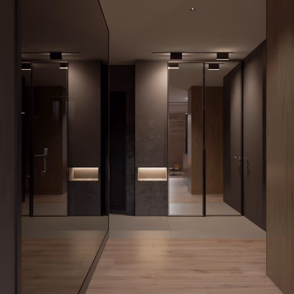 Contemporary lounge area with plush seating, a media console, and an open kitchen layout.