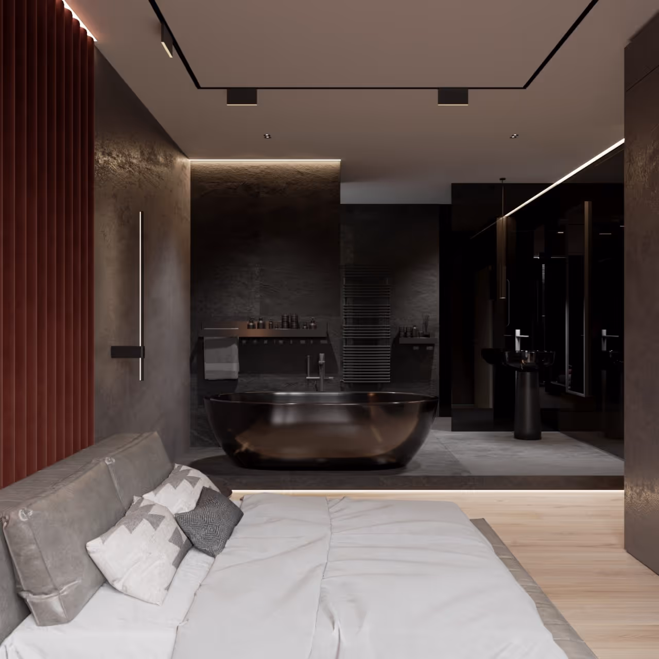 Minimalist bedroom in an apartment featuring a platform bed and soft ambient lighting.