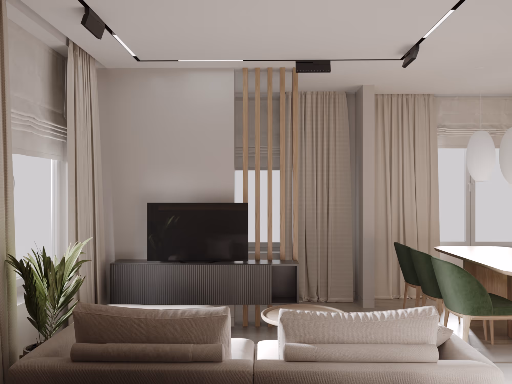 Minimalist bedroom in an apartment featuring a platform bed and soft ambient lighting