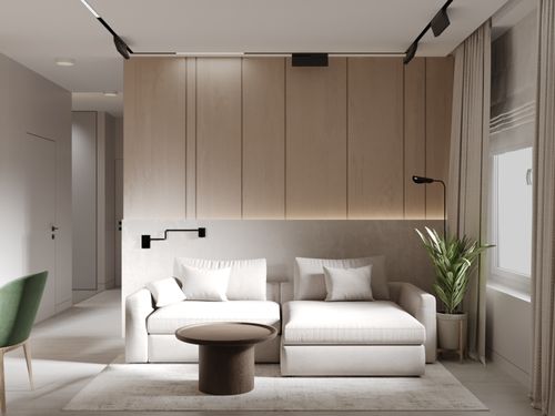 3d visualization of residential interior design project in Ukraine , shows us living room with couch , tv , flowers and lights.