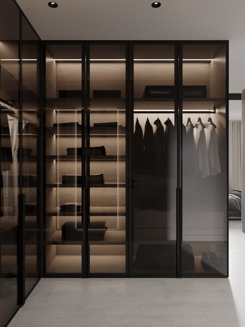 Minimalist bedroom in an apartment featuring a platform bed and soft ambient lighting