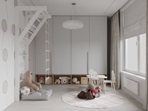 Cozy kids' room featuring a bunk bed, storage shelves, and a cheerful rug