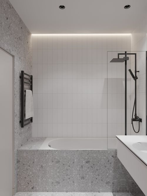 toilet room with shower and mirror in white colors with warm lights .