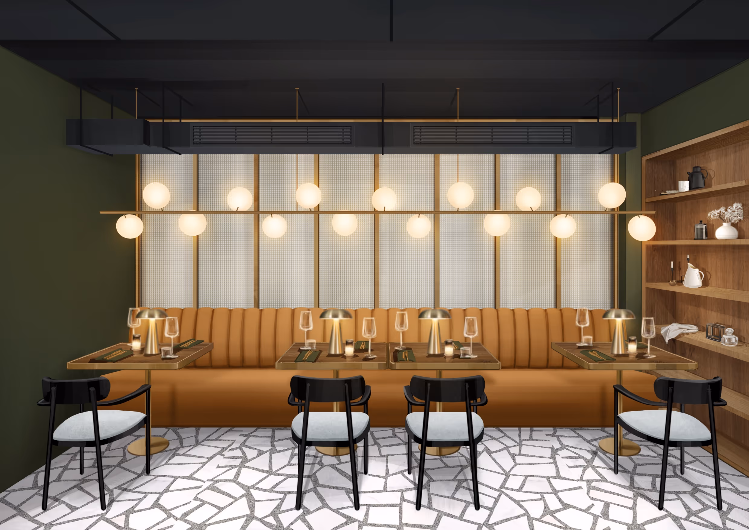 image of the tables , lights and chairs in the restaurant made by interior designer company 