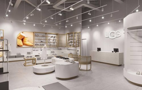 Elegant UGG store showcasing plush winter footwear with a minimalist design and soft lighting highlighting the iconic boots.