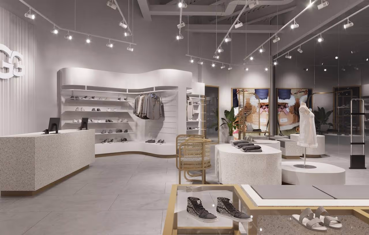 Stylish UGG store featuring their signature winter footwear, neatly arranged on sleek display tables with a cozy, inviting vibe.