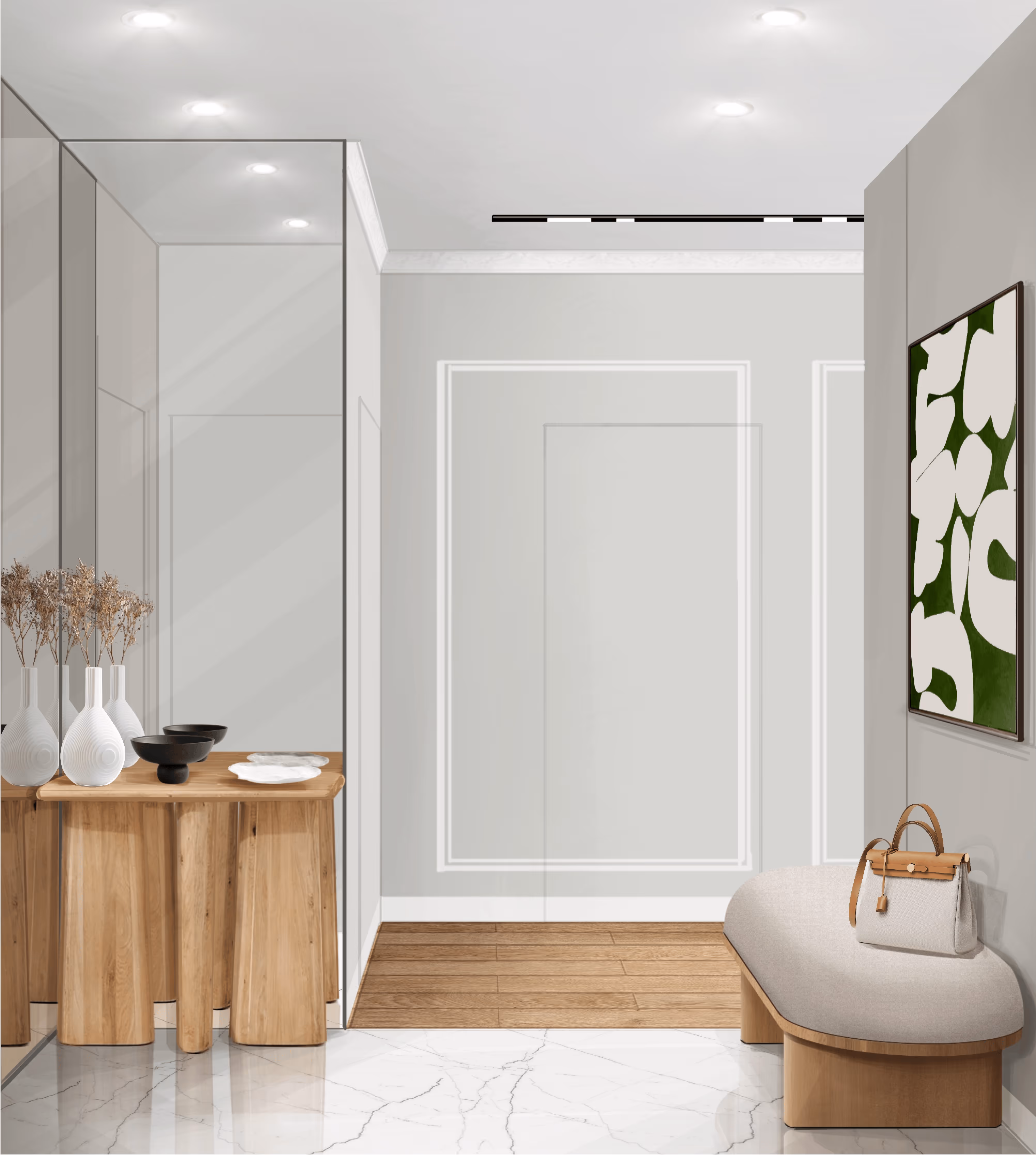 Open-concept living space with a stylish sofa, entertainment center, and an inviting kitchen nearby