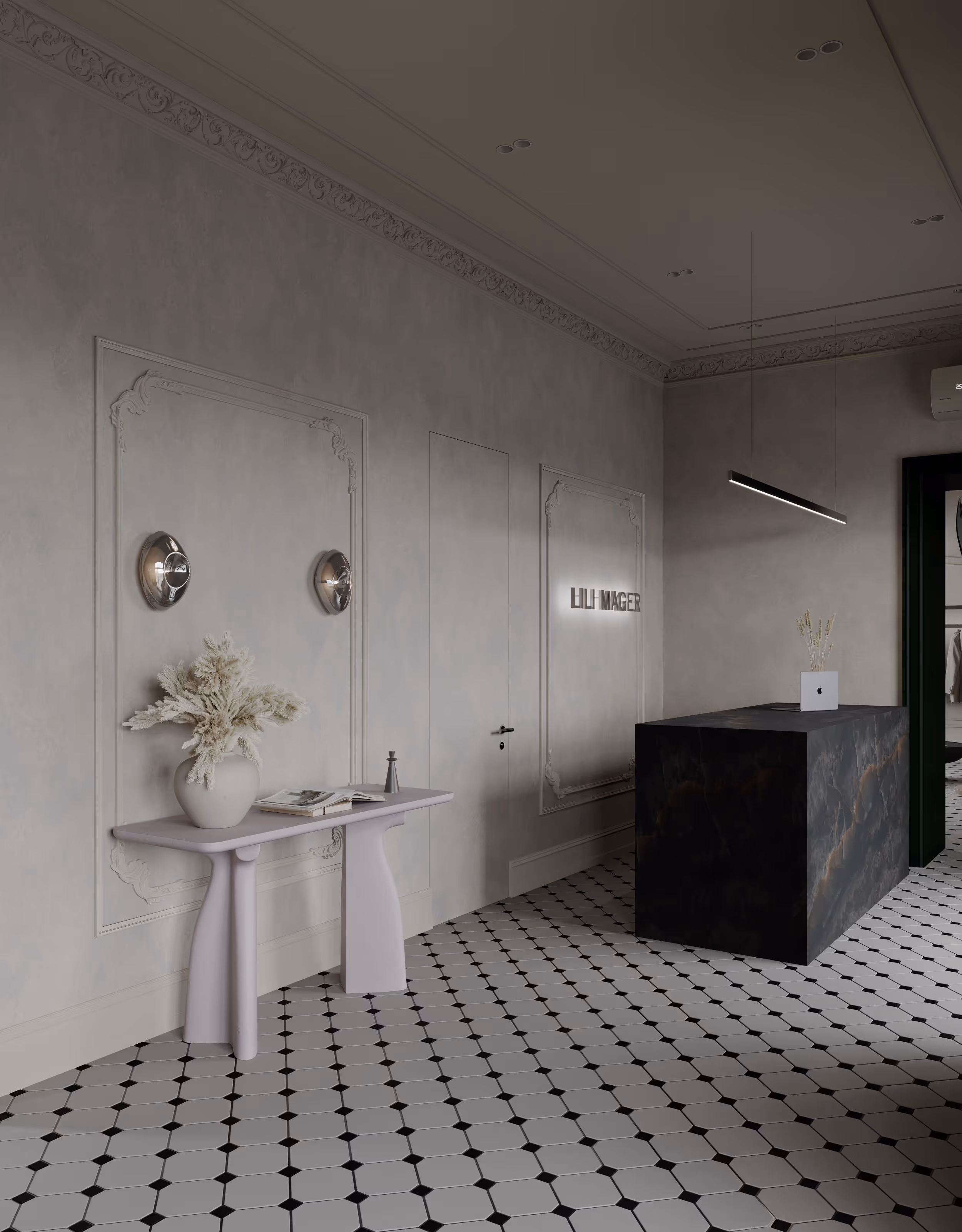 Ресепшн з темної оніксової стійкою у сучасному інтер’єрі бутіку Lili Mager з неокласичним оформленням.