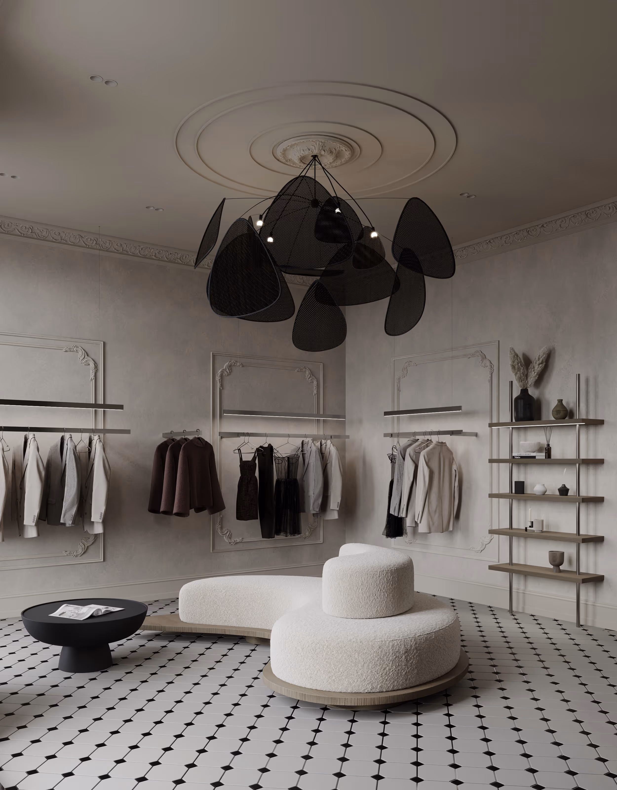 Ресепшн з темної оніксової стійкою у сучасному інтер’єрі бутіку Lili Mager з неокласичним оформленням.