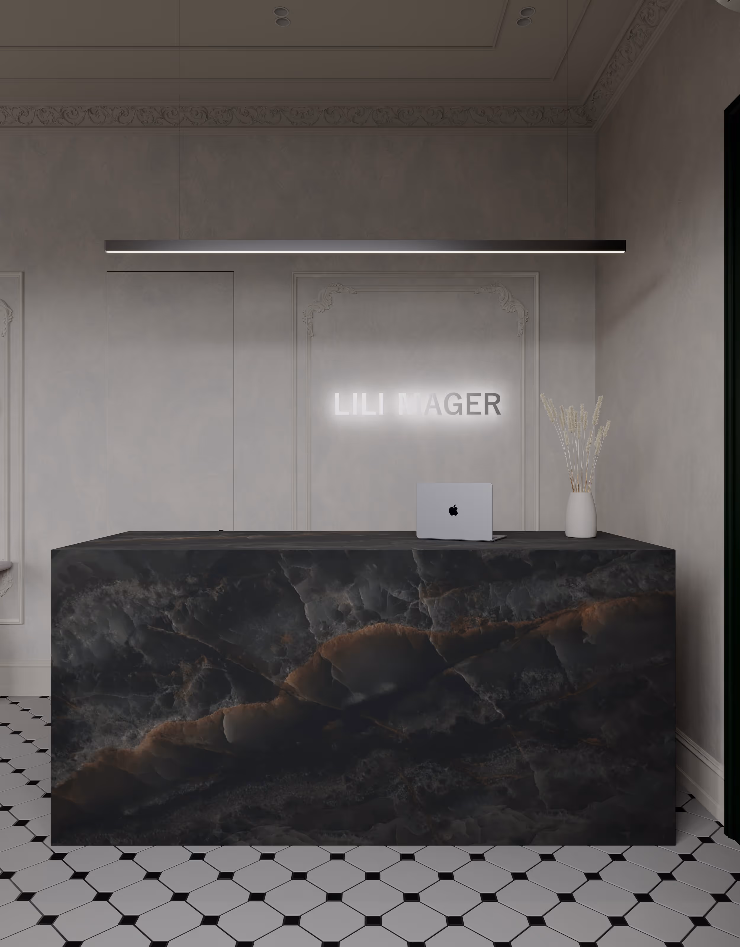 Хол бутика Lili Mager з декоративним ліпленням, стелажами та стриманою пастельною палітрою.