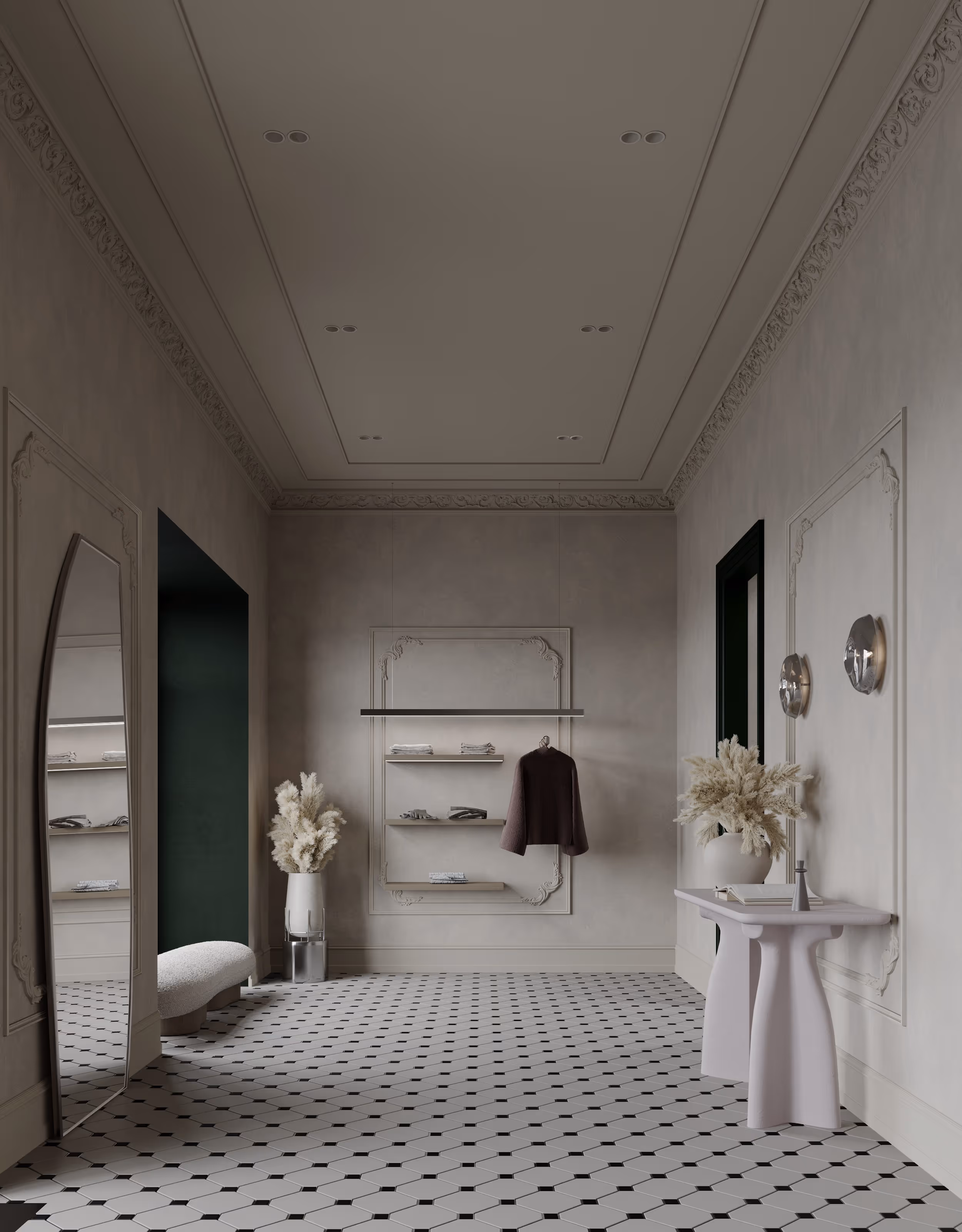 Коридор у бутику Lili Mager з графітовими дверними прорізами, ліпниною та дизайнерськими меблями.