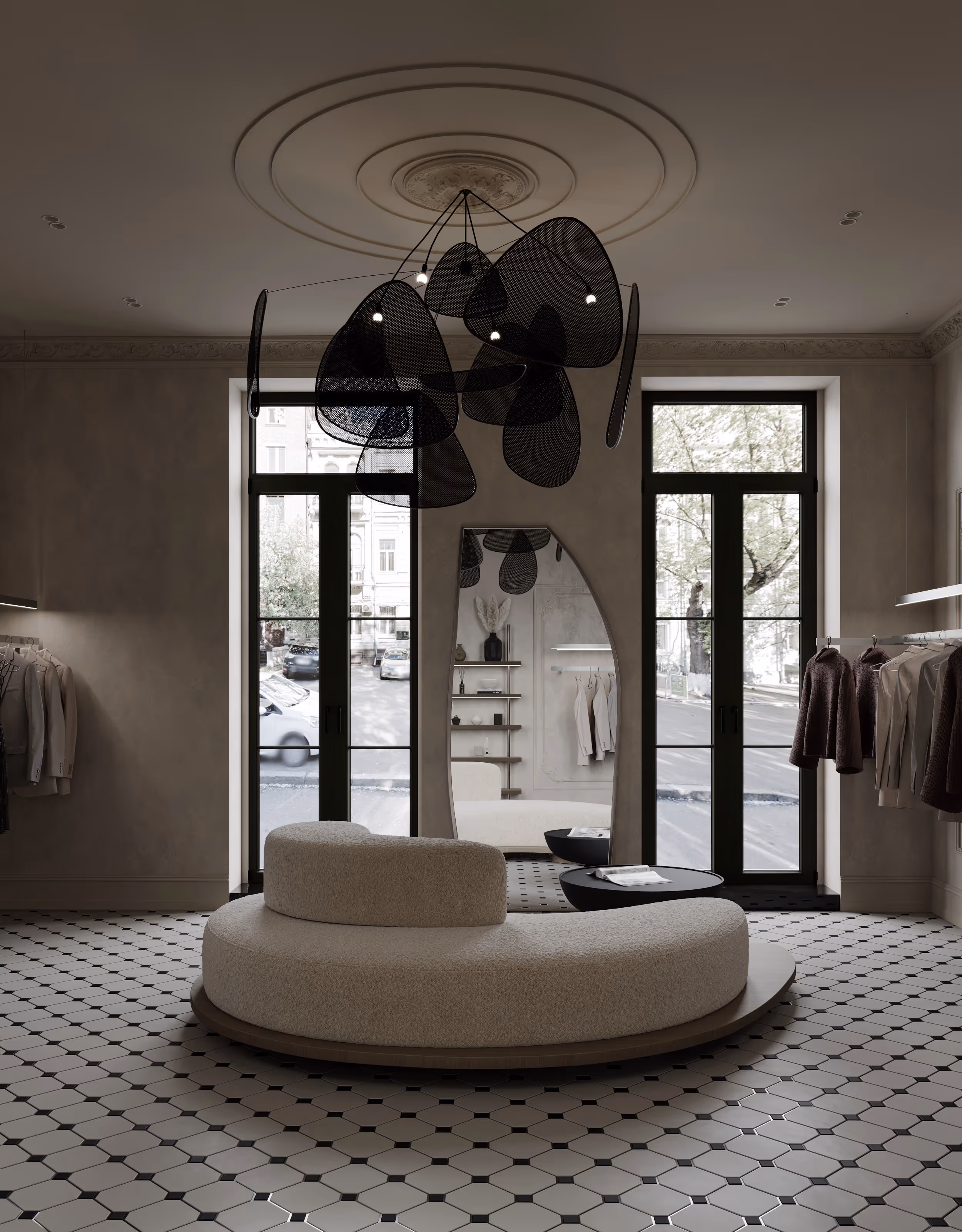 Крупний план ексклюзивного освітлення та округлих меблів у світлому торговому залі.