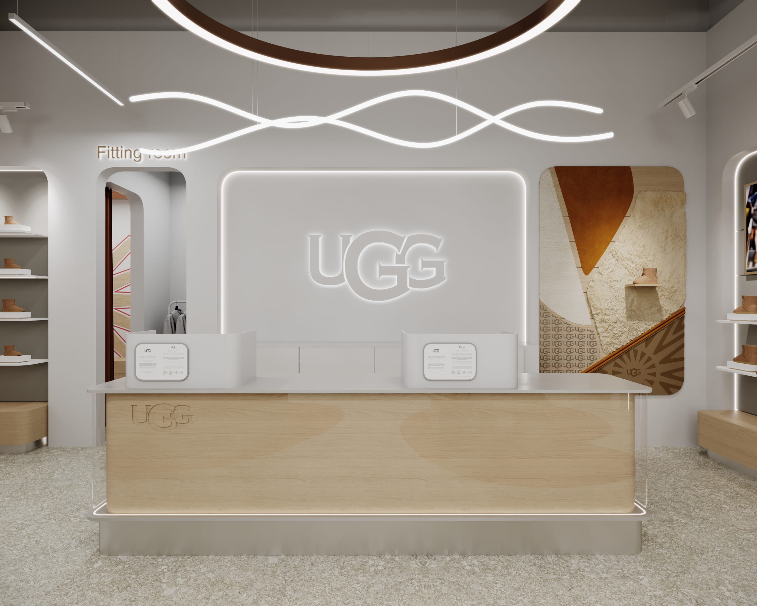 Касова зона магазину UGG з інтегрованим підсвічуванням, натуральним деревом і логотипом бренду.