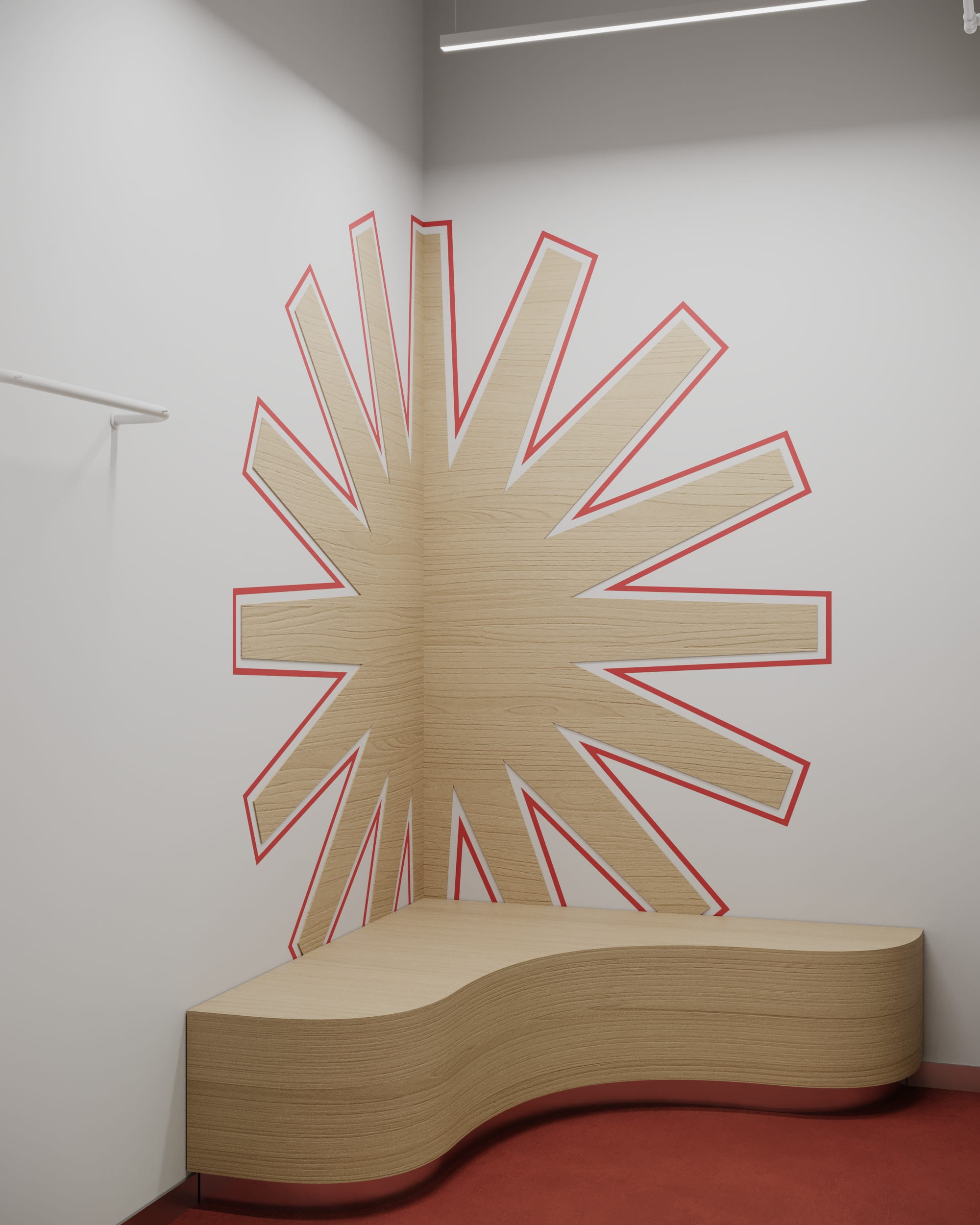 Деталь інтер’єру примірочної UGG з декоративною дерев’яною інсталяцією.