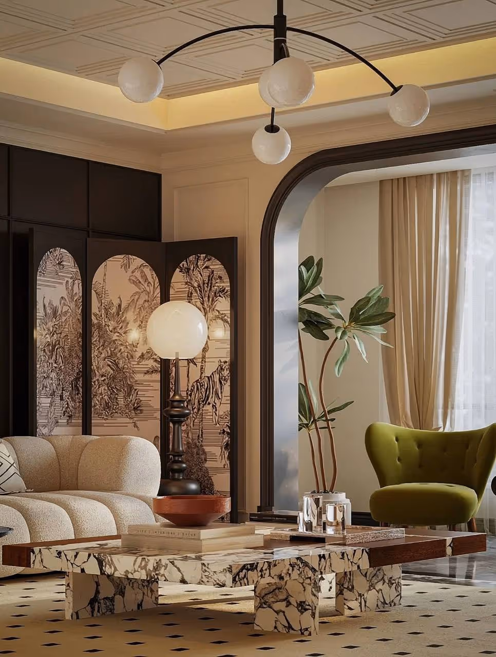 Bedroom interior with dark wood wall panels, textured textiles and warm neutral palette, modern interior trends 2026