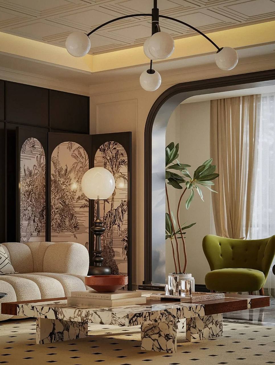 Bedroom interior with dark wood wall panels, textured textiles and warm neutral palette, modern interior trends 2026