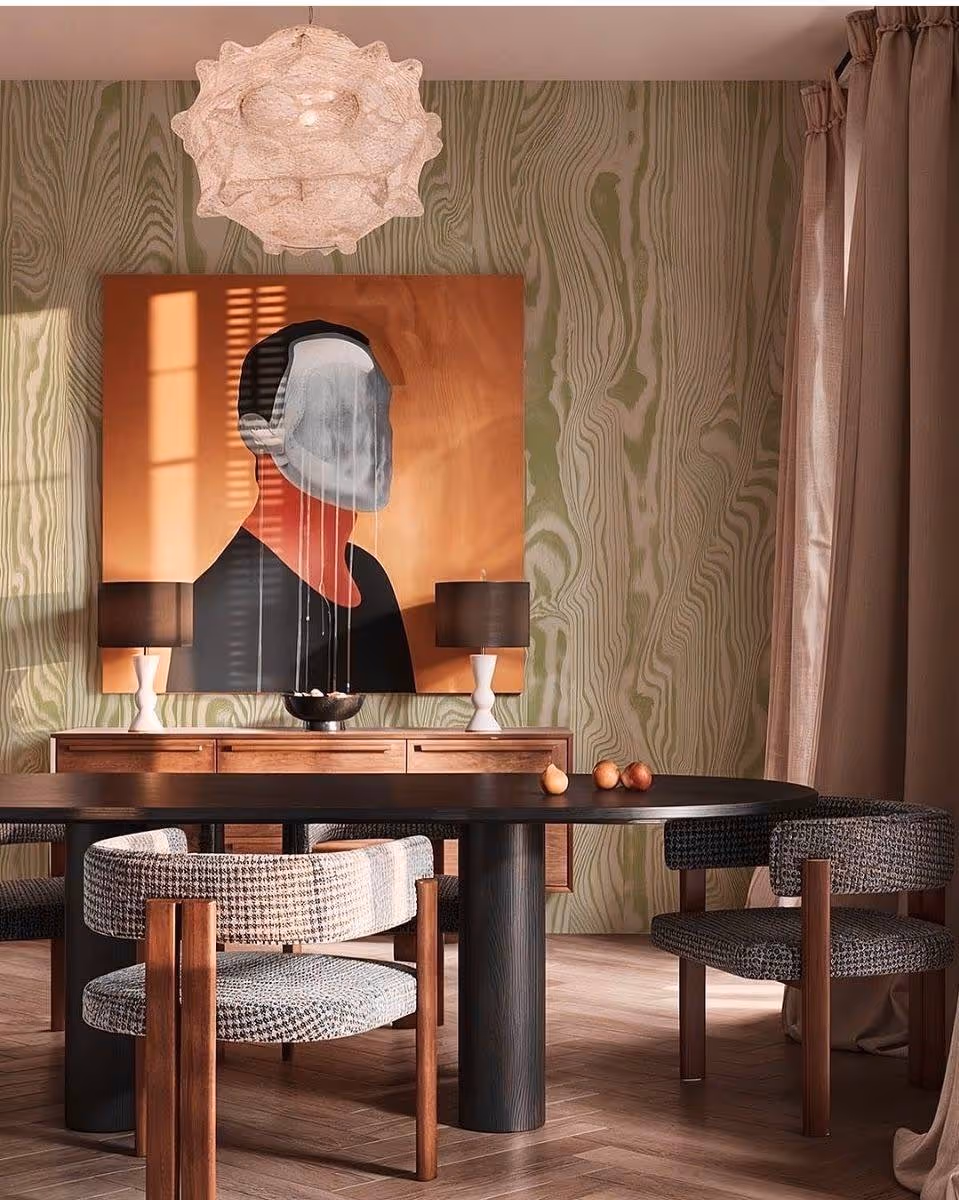 Dining room interior with warm wood furniture, graphic green wallpaper and contemporary art, 2026 interior design trends