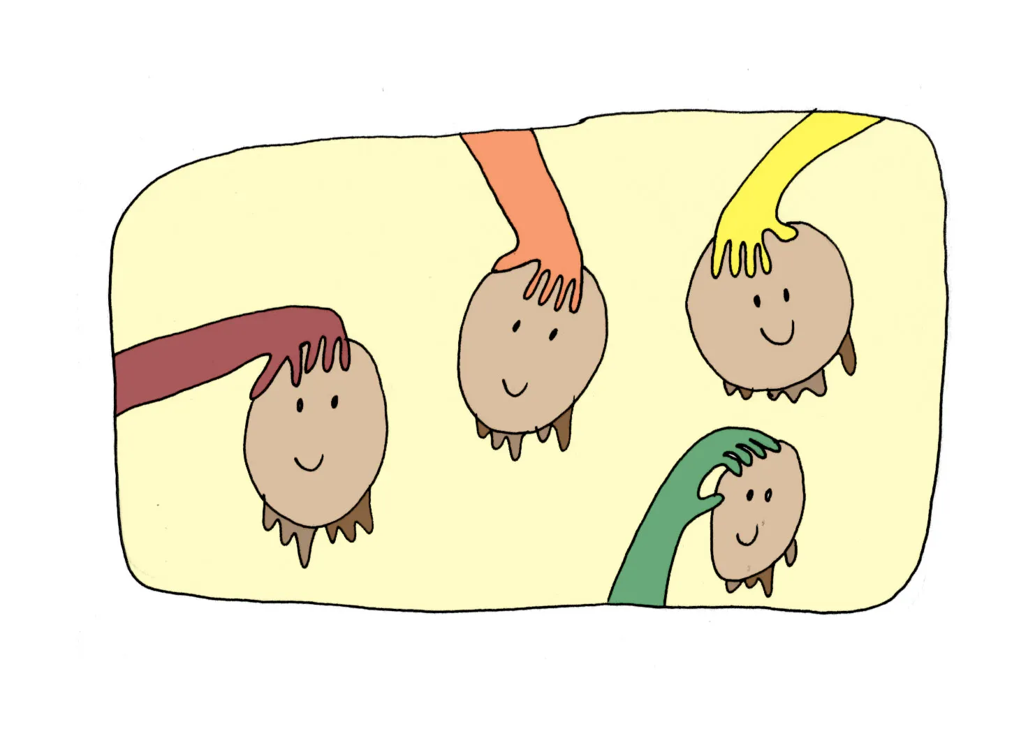 Four multicolored hands holding scobys that are smiling