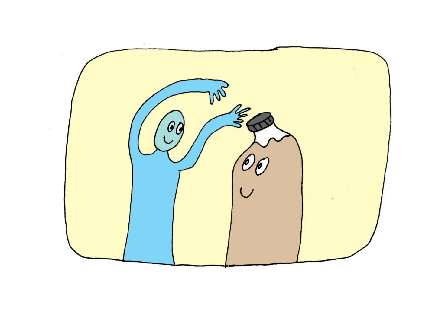 Cartoon of a blue person raising their hands up at a kombucha bottle with a face
