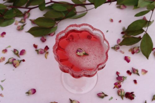 Pink non-alcoholic elixir with rose petals in background made during aphrodisiac mocktail herbal workshop.
