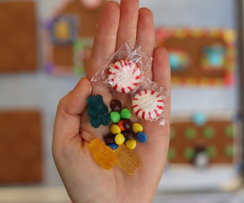Festive gingerbread house decorated with candies with plastic trees in the background made during a corporate holiday event