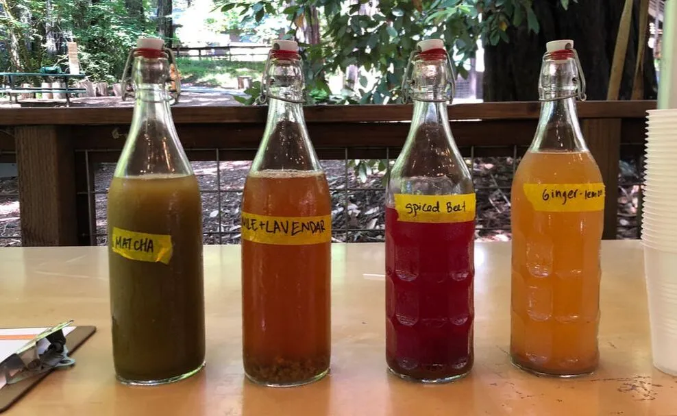 Four glass bottles of assorted kombucha flavoring, including matcha and spiced beet