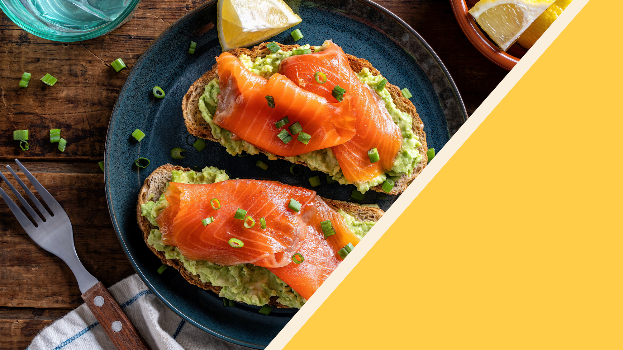 Salmon avocado toast on plate for nutrition and mood