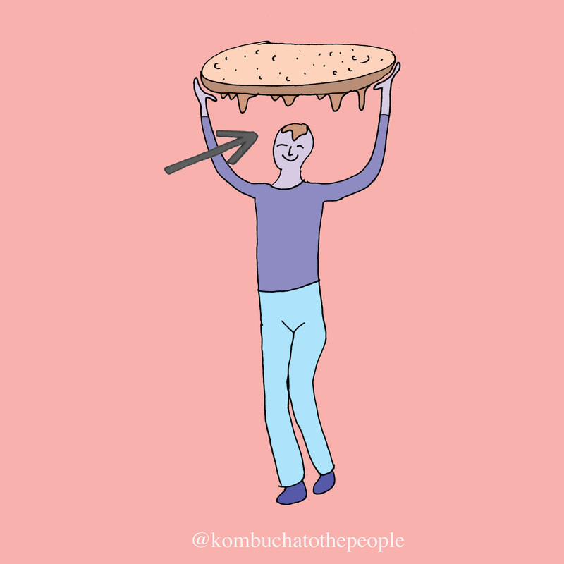 Kombucha art illustration of person holding kombucha SCOBY over their head with yeast strand dripping on their face.