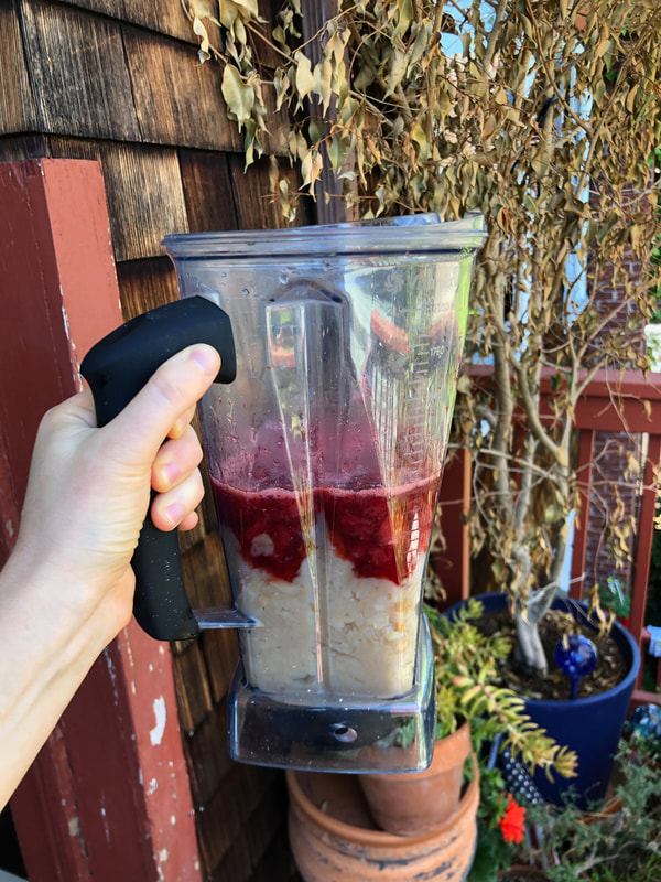 Strawberry kombucha SCOBY fruit leather in a blender