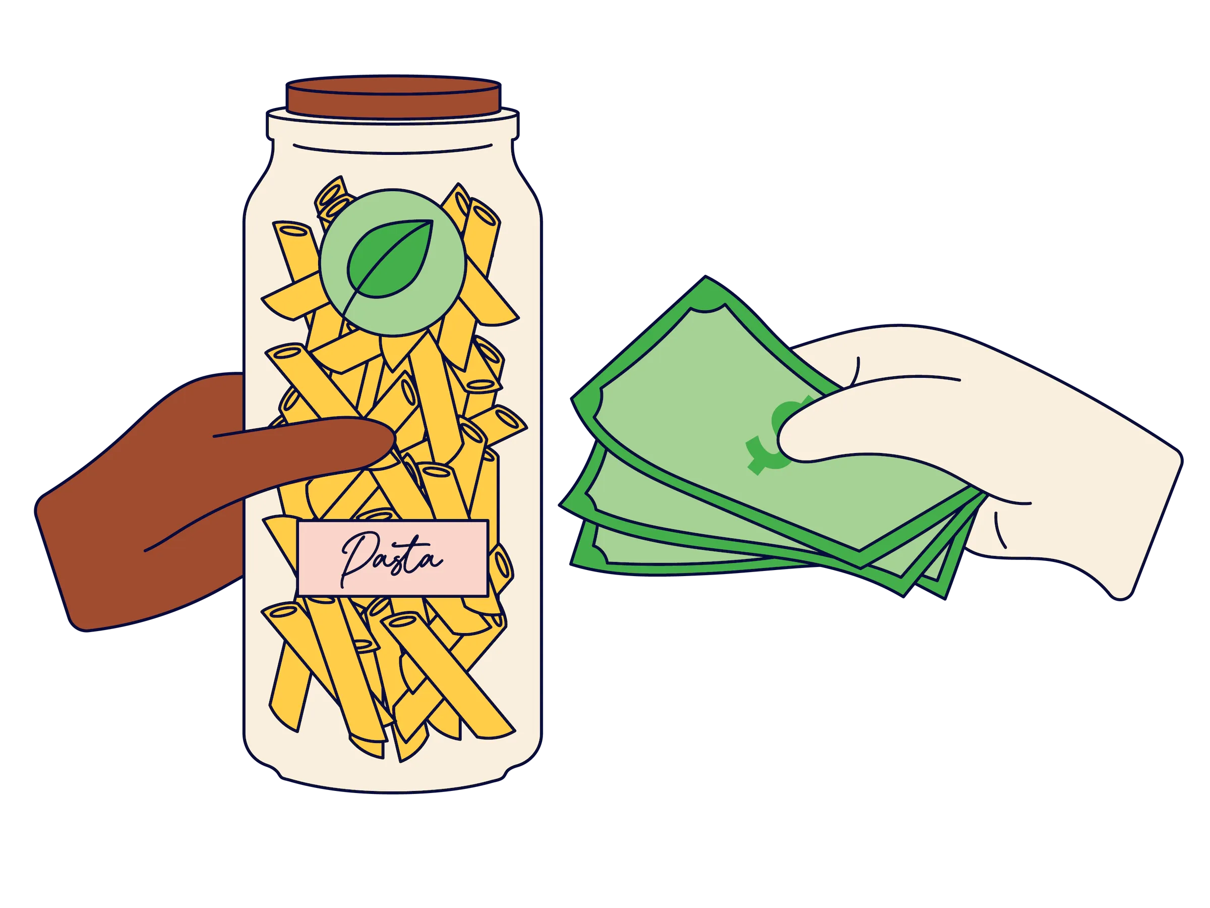 Hands with sustainable food and money for reducing food waste