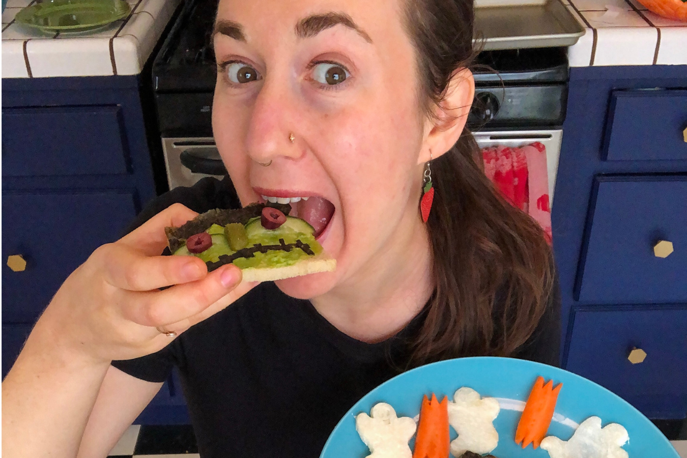 Culinary host eating frankenstein avocado toast during corporate workshop
