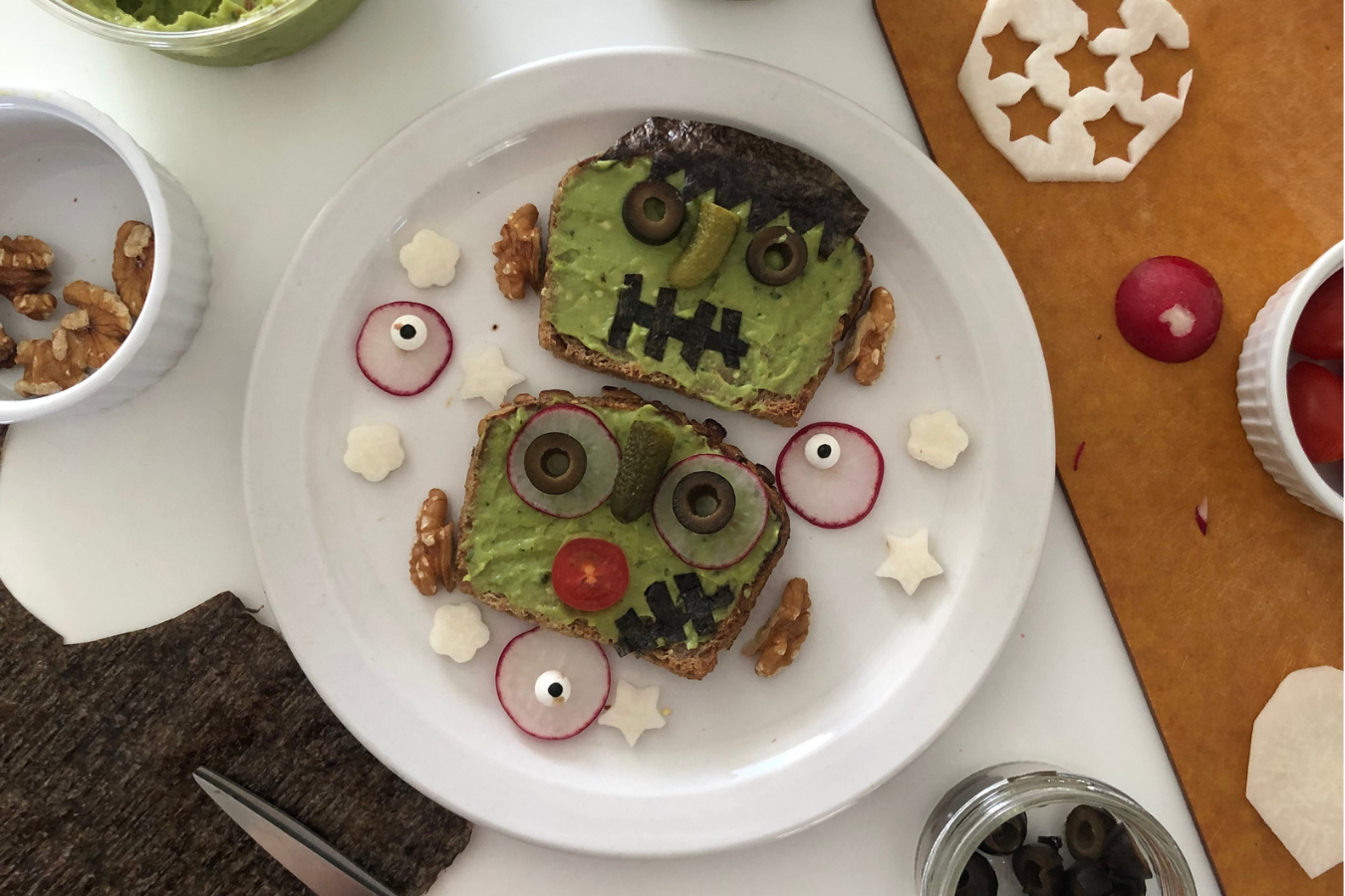 Halloween cooking class for teams: make Frankenstein Avocado Toast and Apple Monsters with a live expert host. Kid-friendly.