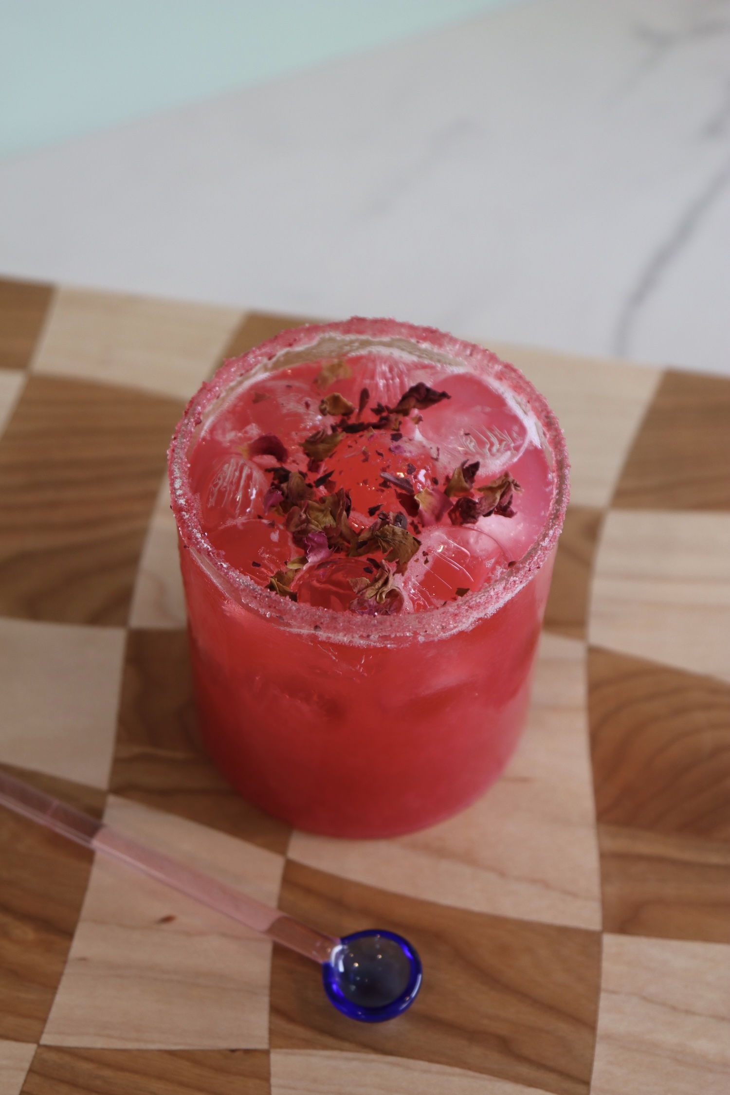 Botanical margarita made during corporate team-building wellness happy hour 