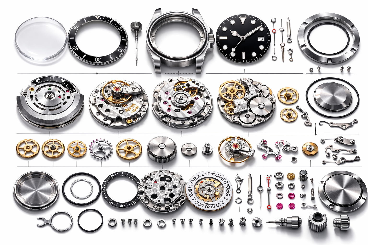 Fully disassembled mechanical watch parts neatly arranged for service and repair.