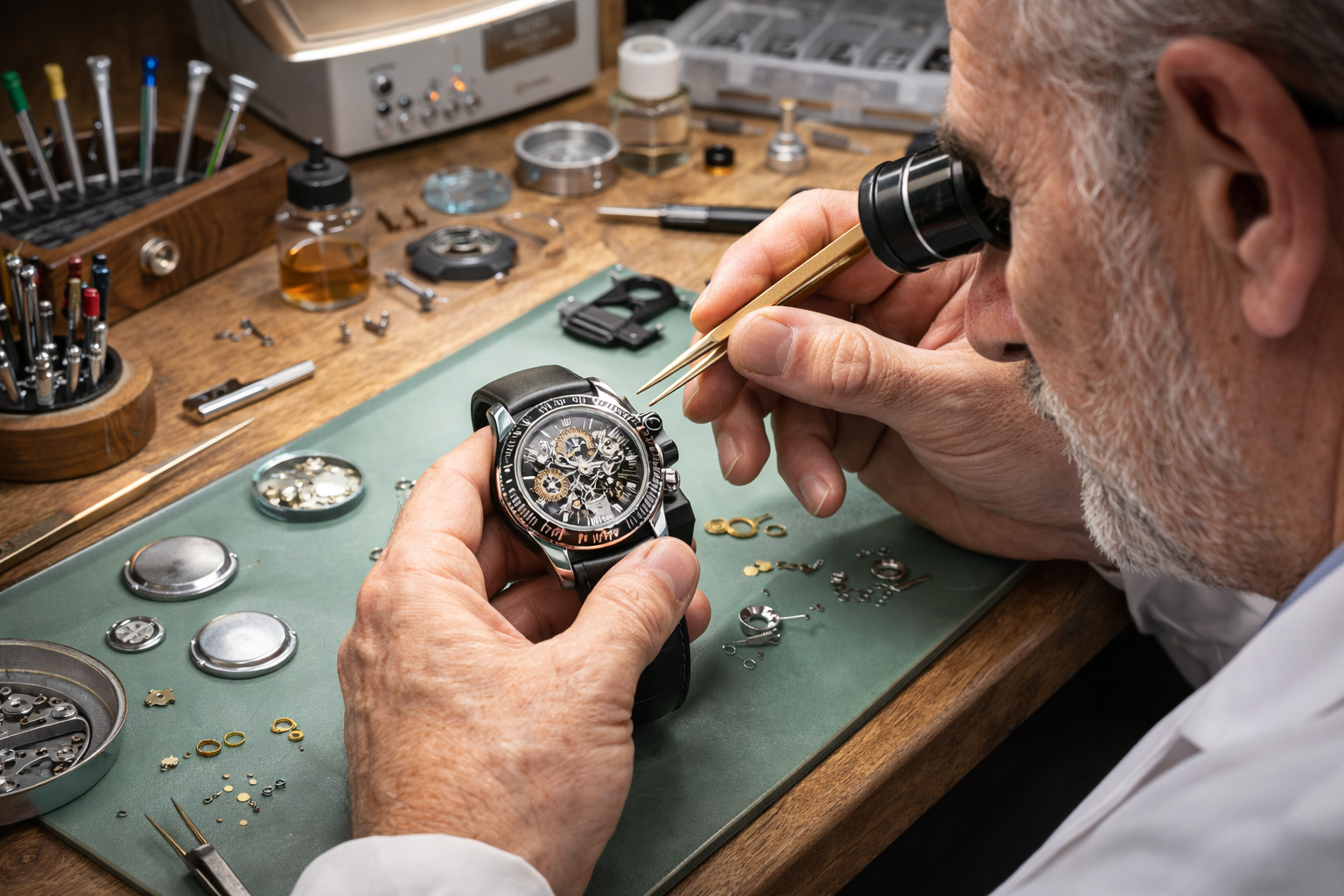 Professional watchmaker inspecting a luxury mechanical chronograph with a loupe during detailed diagnostic testing and repair at a workshop bench.