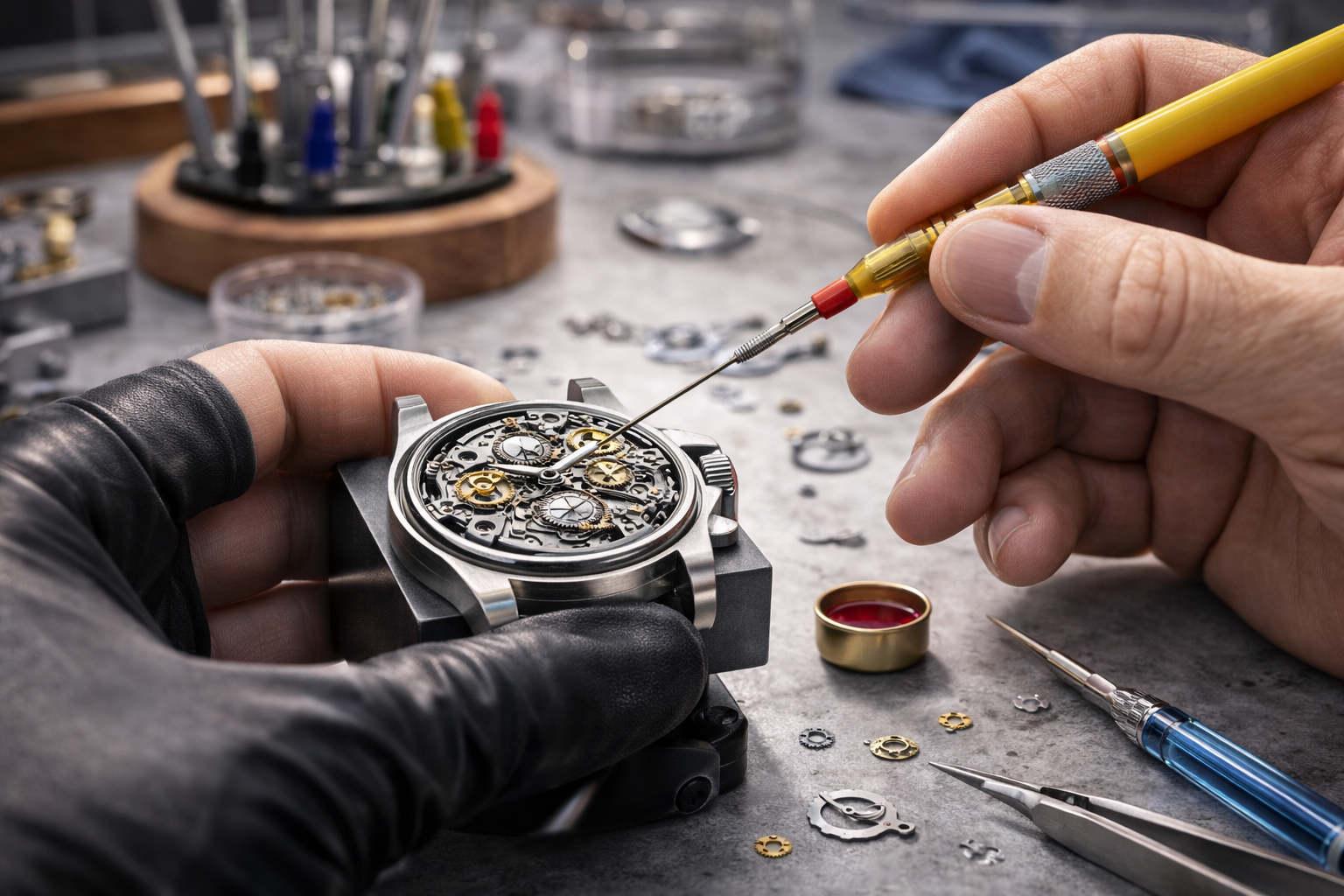 Watchmaker lubricating a mechanical watch movement during reassembly.