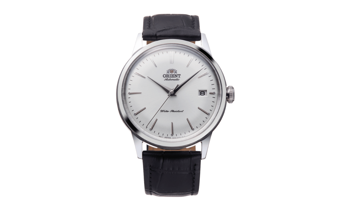 Orient Bambino 38mm automatic watch with white dial and black leather strap